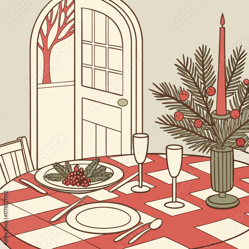 A festive christmas dinner table setting with a candle centerpiece and a decorated plate ready for guests