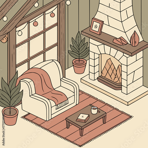 Cozy isometric living room scene with a fireplace armchair plants and string lights creating a warm and inviting atmosphere