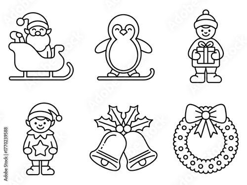 Collection of black and white christmas icons and decorations, Hand Drawn Black and White Christmas Illustrations Set with Various Elements and Styles
