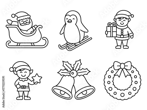 Collection of black and white christmas icons and decorations, Hand Drawn Black and White Christmas Illustrations Set with Various Elements and Styles
