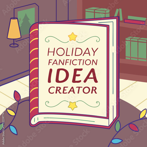 An open book titled holiday fanfiction idea creator sits on a table surrounded by festive lights and a bookshelf in the background