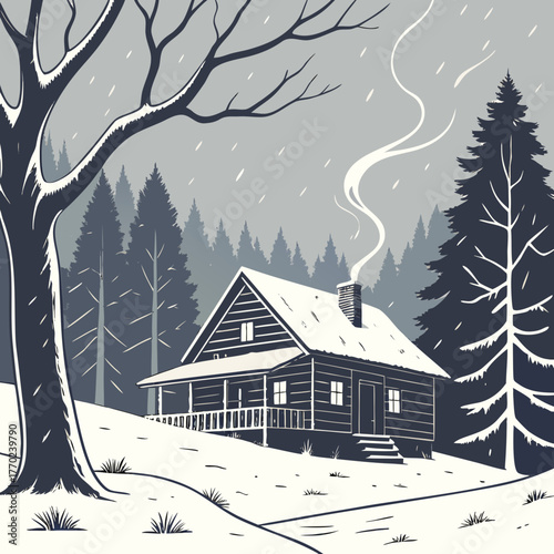 Cozy wooden cabin with smoke rising from the chimney nestled in a snowy forest during a gentle snowfall