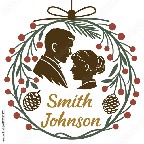 Elegant christmas wreath silhouette featuring a couple s profile and personalized names smith johnson