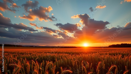 Fototapeta Naklejka Na Ścianę i Meble -  A serene countryside sunset, with fields of ripe corn bathed in warm hues under a sky filled with clouds. The sun is setting over the horizon, casting long shadows and creating a peaceful atmosphere.