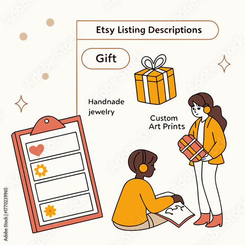Illustration of etsy listing descriptions for gift ideas like handmade jewelry and custom art prints with people and gift boxes