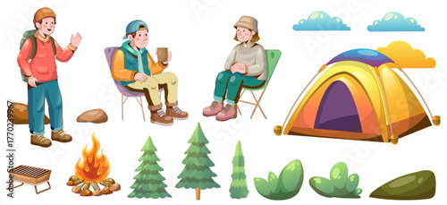 Vector illustration of campers relaxing with hot drinks near a tent and campfire in nature. Outdoor camping concept in flat cartoon style. Vector element camping illustration
