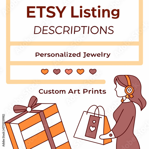 Etsy listing descriptions for personalized jewelry and custom art prints with gift ideas and shopping bags