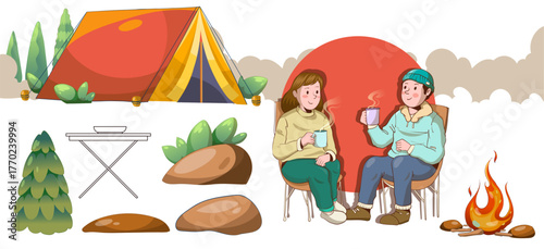 Vector illustration of campers relaxing with hot drinks near a tent and campfire in nature. Outdoor camping concept in flat cartoon style. Vector element camping illustration