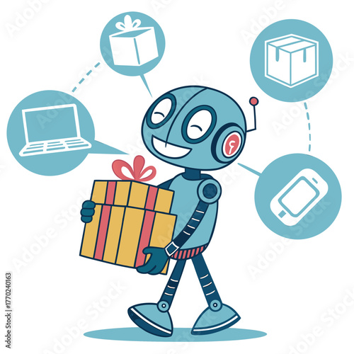 Friendly cartoon robot delivering gifts and packages with icons of a laptop smartphone and boxes