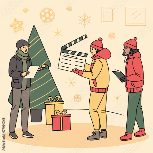 Filmmaking crew preparing for a christmas movie shoot with a decorated tree and gifts using a clapperboard and script