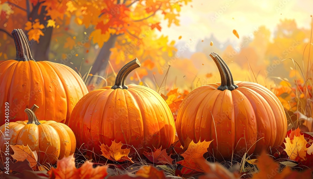 Naklejka premium Autumn pumpkins in a fall forest