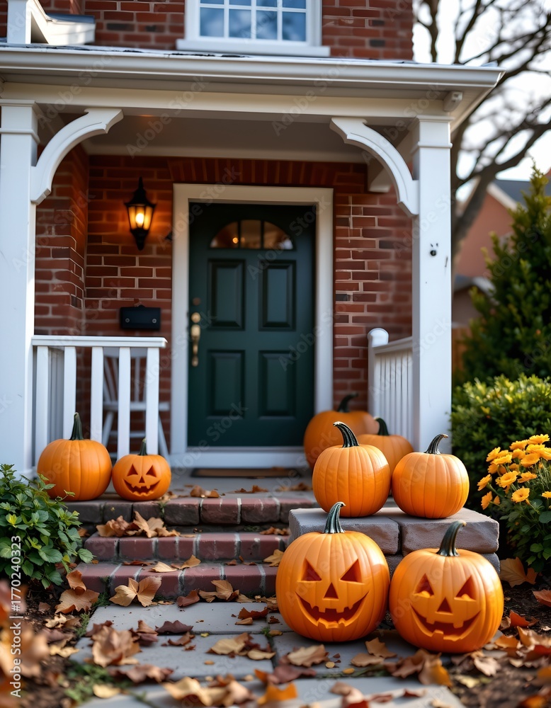 Obraz premium A Halloween themed scene in front of a house. Three jack o' lanterns are placed outside the front door, with two larger ones flanking a smaller one