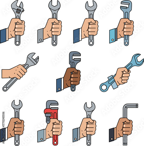 Create a kinds of deferent Simple vector icon illustration of a hand holding a wrench vector art with white background.