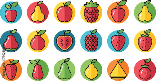 Collection of colorful flat icons featuring various fruits like apples pears raspberries and strawberries in circular frames