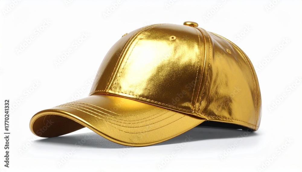 Fototapeta premium Metallic gold baseball cap with structured crown and curved brim for editorial fashion photography streetwear design and poetic statement-themed visuals