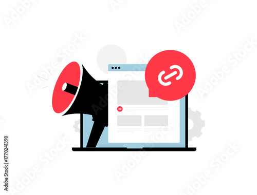 Guest post backlink - SEO outreach strategies on laptop screens with megaphone announcements and chain icons for quality seo link acquisition and domain ranking improvement. Vector illustration