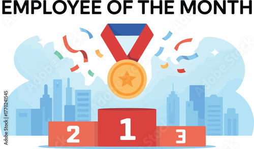 Employee of the month award ceremony celebrating achievement and recognition podium with medal