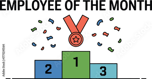 Employee of the month award podium with medal and confetti celebrating achievement and recognition