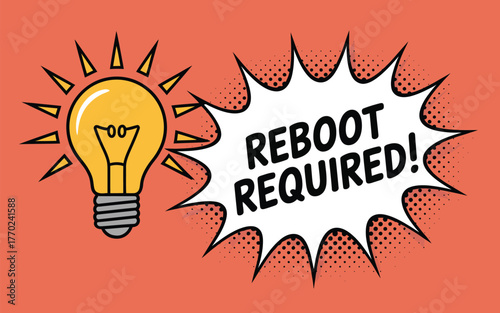Bright lightbulb idea inspires reboot required speech bubble for innovation and problem solving