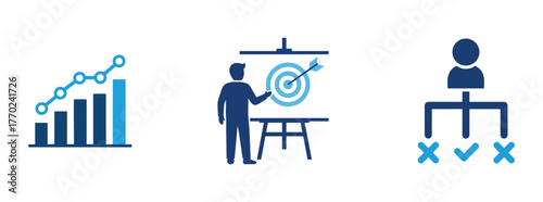 Business strategy icons representing growth, target achievement, and delegation