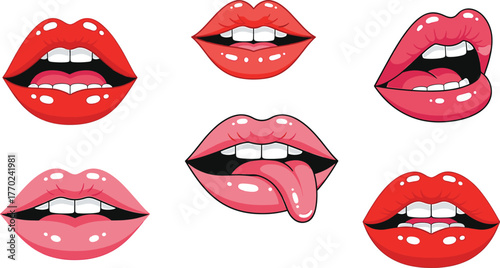 Collection of six cartoon lips with various expressions and colors mouth pink