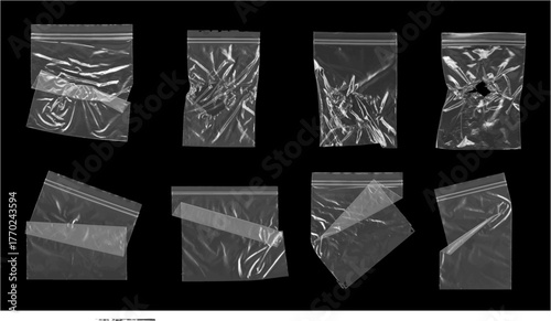 Set of Wrinkled and Taped Transparent Plastic Ziplock Bags with Folds and Damage for Grunge Overlay and Abstract Texture Mockups