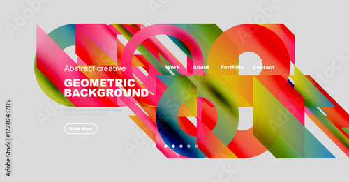 Abstract website header design. Vibrant geometric shapes overlap, creating dynamic visual effect. Navigation menu present. Clean layout.