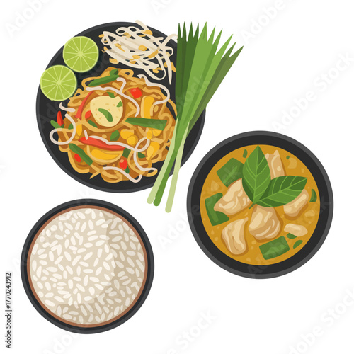Thai food set with pad thai noodles and green curry vector illustration Traditional Asian cuisine for a restaurant menu
