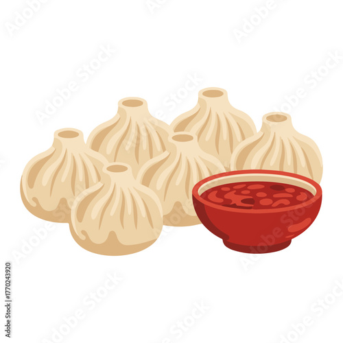 Asian steamed dumplings momo with sauce vector illustration A traditional dim sum appetizer for a restaurant menu design
