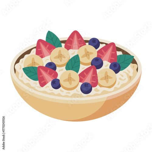 Healthy oatmeal breakfast bowl with fresh fruits vector illustration A porridge with banana strawberry and blueberry for a diet menu

