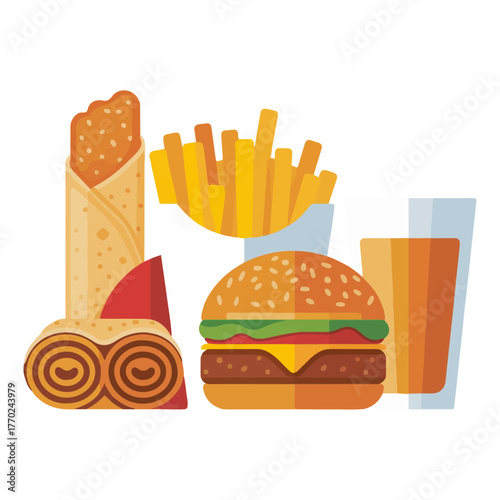 Fast food meal collection with burger and fries vector illustration A takeaway combo set for a restaurant menu design
