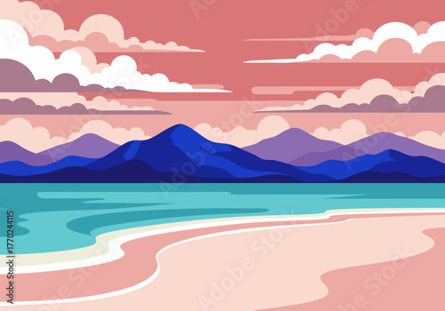 Vector beach landscape with blue mountains and pink sand under a cloudy sky