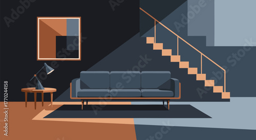 Stylized modern living room illustration featuring a comfortable sofa, elegant staircase, minimalist furniture, and abstract art for contemporary interior design concepts