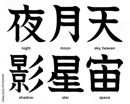 Japanese kanji characters for night, shadow, moon, star, space, heaven and sky isolated on transparent background, calligraphy art, tattoo idea