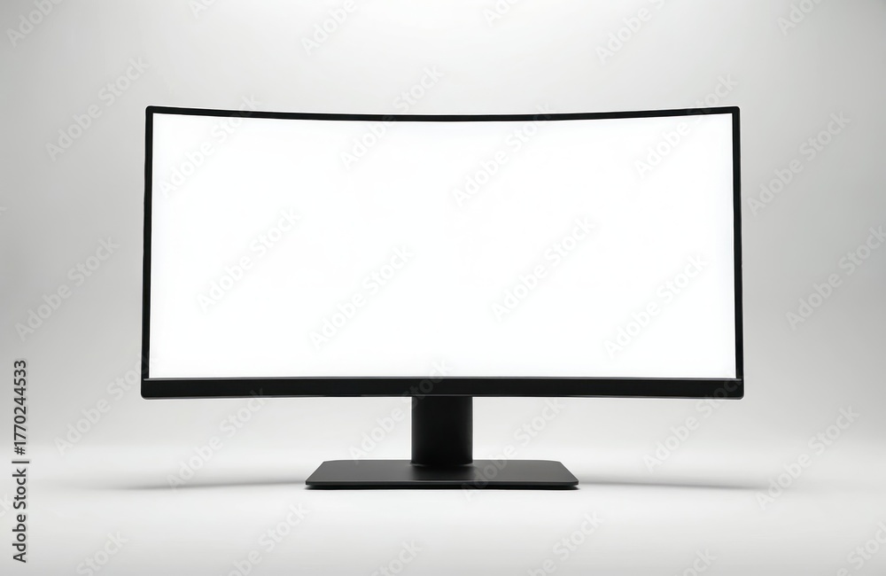 Fototapeta premium Curved monitor displays empty white screen. Wide black frame modern display is on stand in home or office space. Mockup screen for computer. Digital device for work.