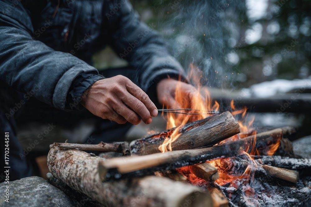 Fototapeta premium Closeup of hikers hands lighting a campfire at night, sparks flying, glowing embers and rough wood textures, survival detail in dark outdoor setting