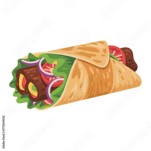 Grilled kebab shawarma wrap vector illustration. Middle Eastern fast food with meat and fresh vegetables for a takeaway menu
