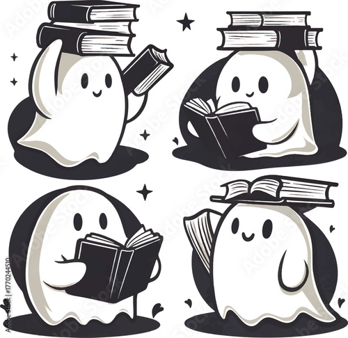 cute ghost with books icons collection