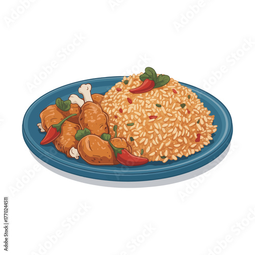 Spicy chicken fried rice dish vector illustration Asian cuisine with chicken and chili on a plate for a restaurant menu design
