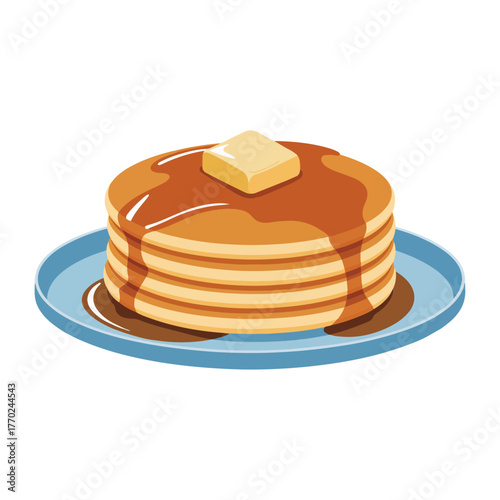 A tasty stack of breakfast pancakes with butter and maple syrup Sweet brunch food vector illustration for a cafe menu design
