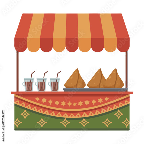 Indian street food stall vector illustration A colorful market cart serving traditional samosa snacks and drinks for a festival