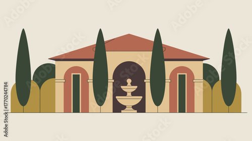 Illustration of a building with a fountain in front and trees on either side in a flat style