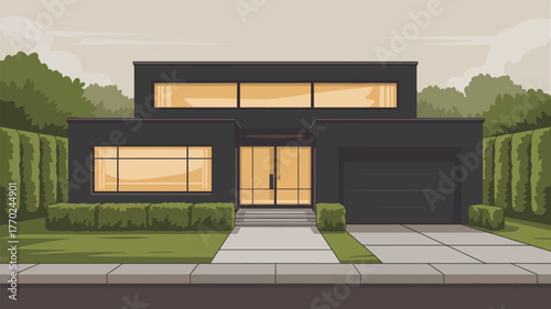 A modern house with large windows and a garage surrounded by green bushes and trees in daylight