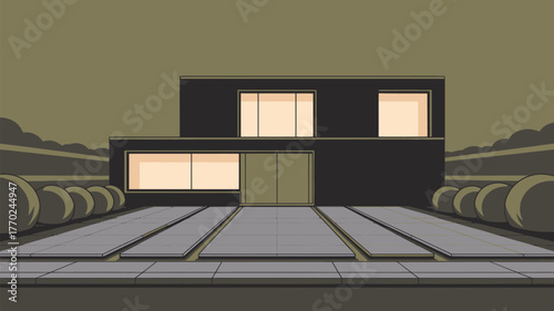 A modern house with a flat roof and large windows surrounded by trees and a concrete walkway design