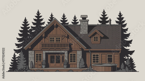 Illustration of a wooden cabin with stone accents surrounded by pine trees and a hot tub outside
