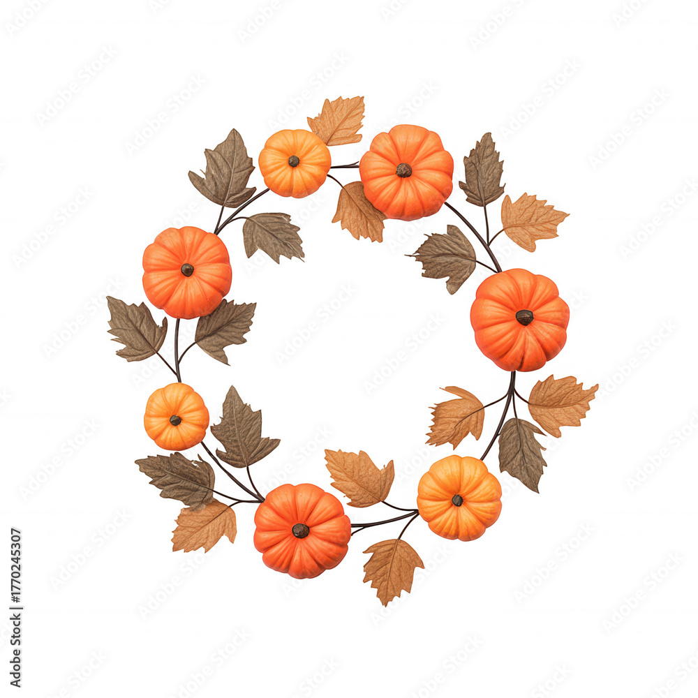 Fototapeta premium Pumpkin 3d icon and autumn leaf wreath creating a festive fall season border for background decoration on transparent thanksgiving
