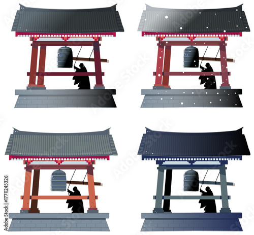 除夜の鐘をつく僧侶と雪の寺,夜の寺の風景