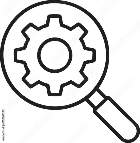 A black and white illustration of a magnifying glass over gears