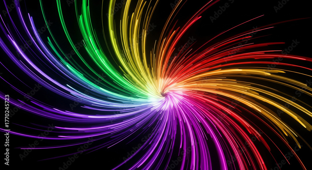 Obraz premium Vibrant Rainbow Swirl Abstract Background Dynamic Light Streaks Exploding from Center Psychedelic Energy Burst Colorful Motion Graphics
