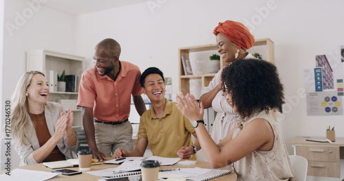 People, applause and success with team, graphic design and support for goal achievement at startup. Group, men and women with celebration, motivation or smile for project funding at creative agency